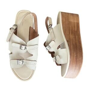 Anthropologie Women’s Buckle Tan Leather Open Toe Platform Sandals Wood Stack 41